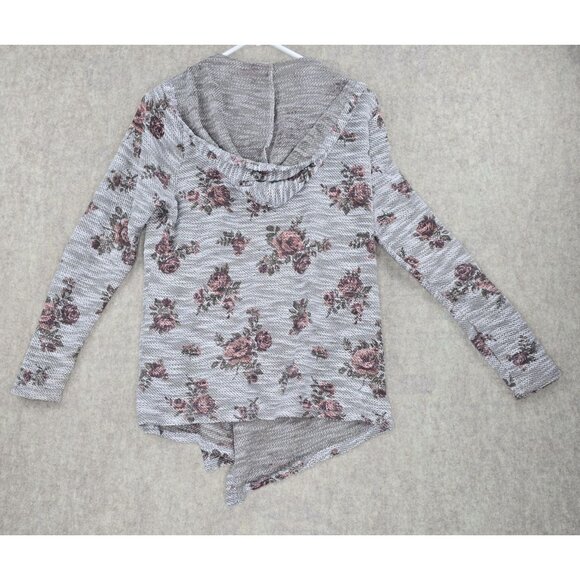 Jolt Womens Floral Knit Asymmetrical Cardigan Size L Gray & Pink Rayon Blend - Picture 2 of 7